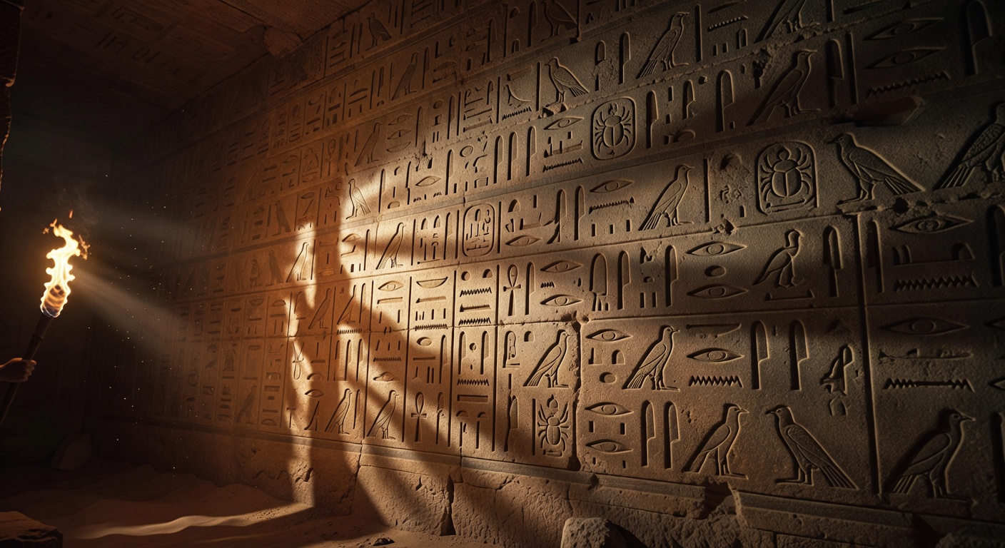 Ancient Egyptian hieroglyphics carved into stone wall illuminated by warm torch light
