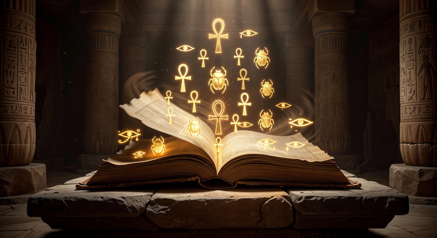 Ancient glowing manuscript book opening to reveal golden fortune symbols inside a dark temple
